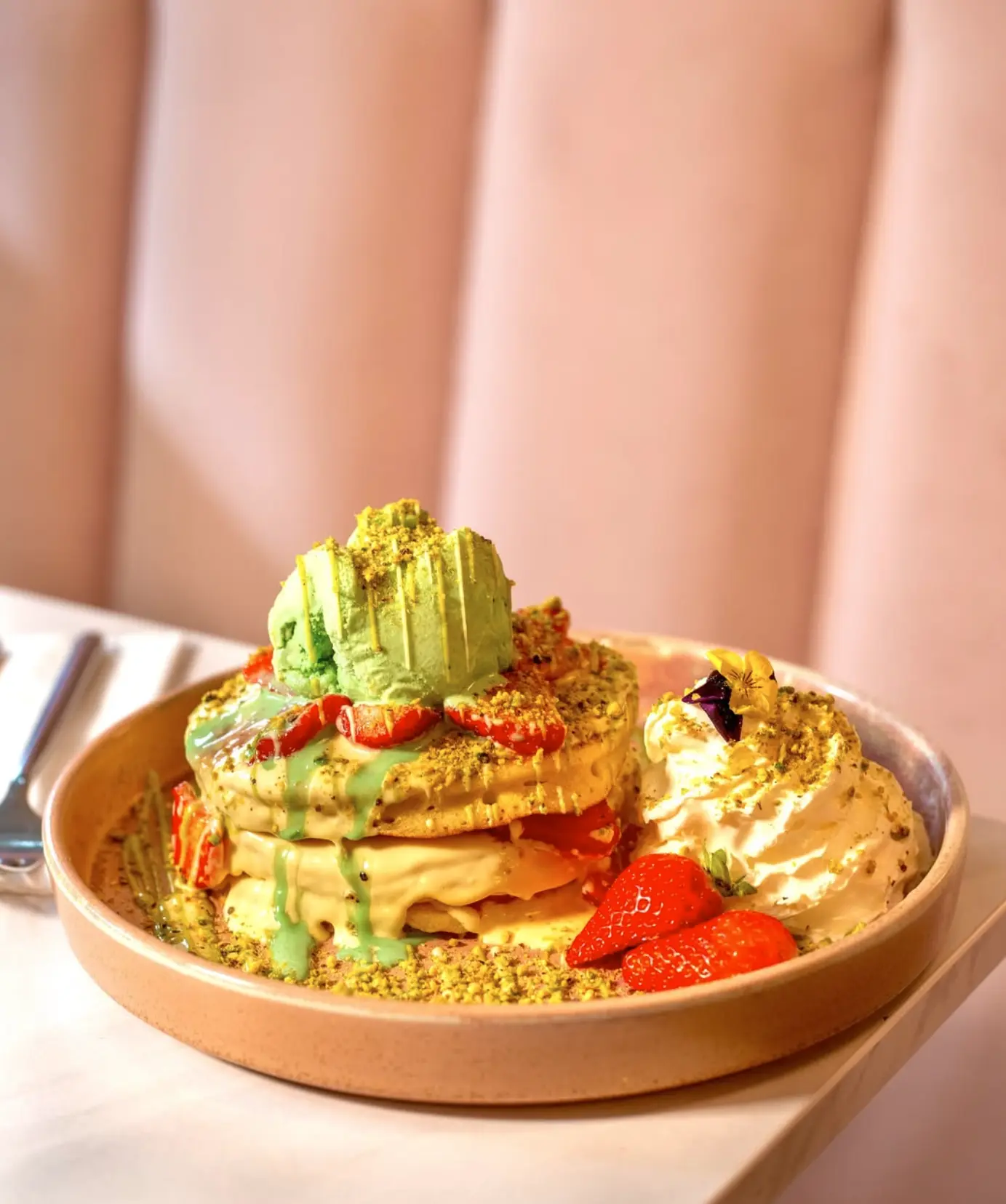 Pistachio, White Chocolate & Strawberry Waffles